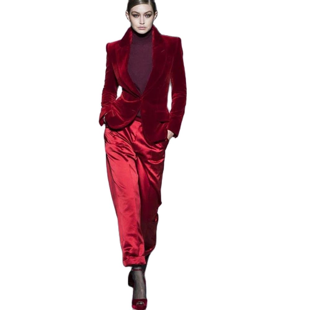 Women'S Red Formal Wear - Setelan Celana Wanita Beludru Merah Anggur