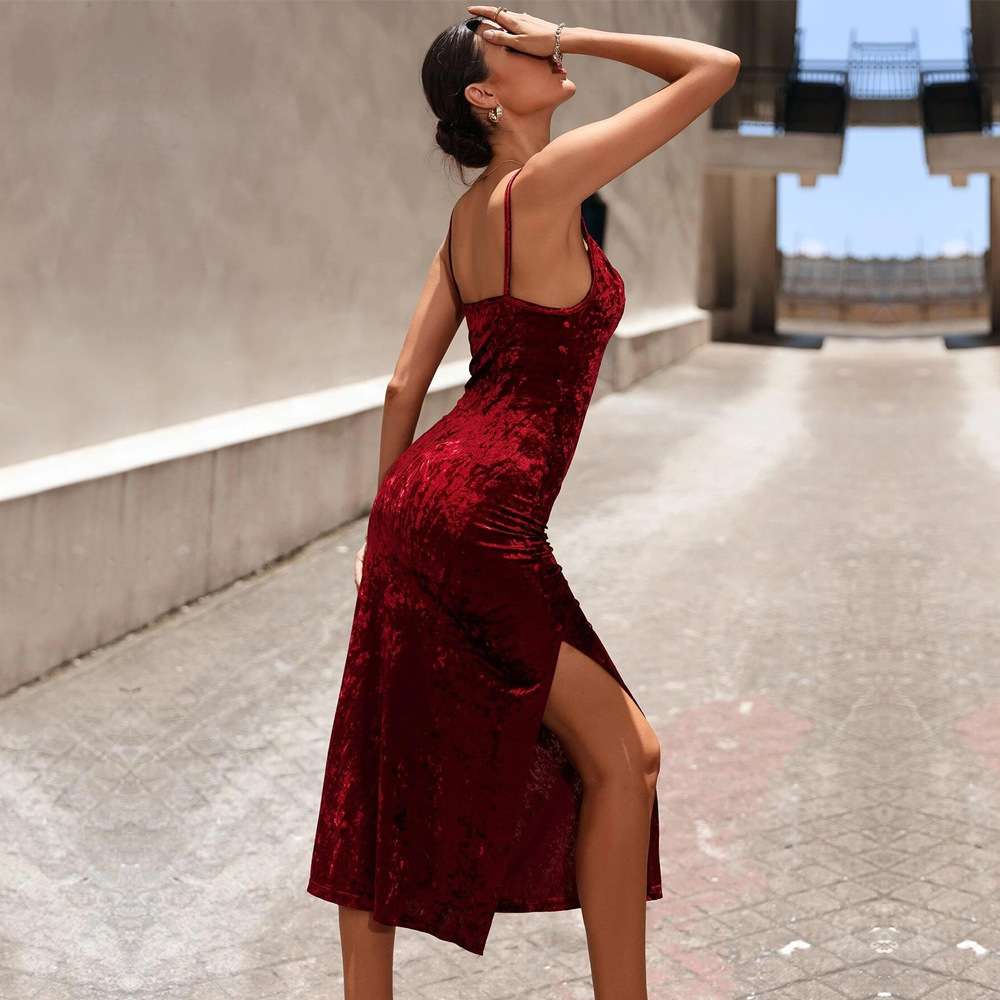 Gaun Midi Beludru Berkerah Hal - Midi Dress ulasan dan harga